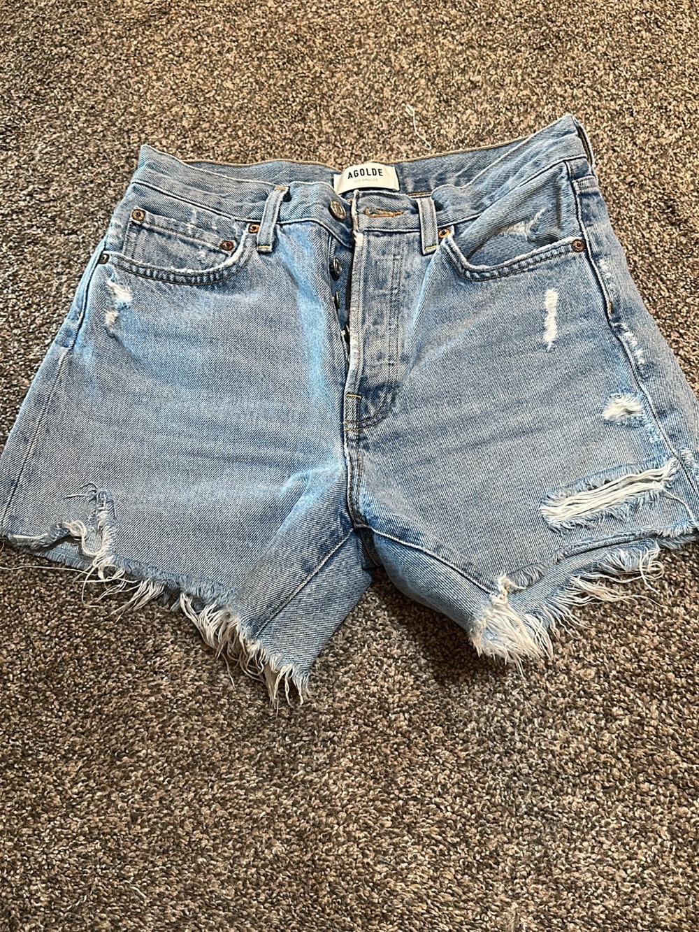 Agolde Light Blue Distressed Frayed Hem Denim Shorts